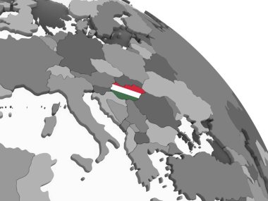 Macaristan katıştırılmış bayrak ile gri siyasi dünya üzerinde. 3D çizim.
