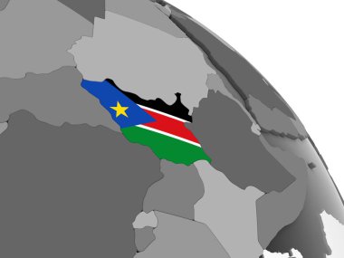 Güney Sudan katıştırılmış bayrak ile gri siyasi dünya üzerinde. 3D çizim.