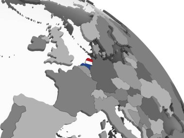Hollanda katıştırılmış bayrak ile gri siyasi dünya üzerinde. 3D çizim.
