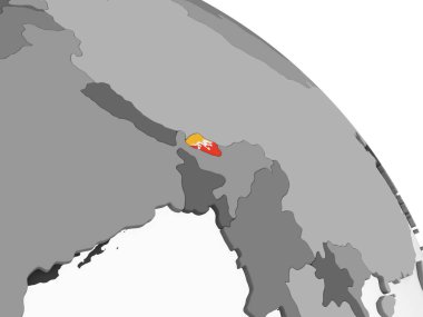 Bhutan katıştırılmış bayrak ile gri siyasi dünya üzerinde. 3D çizim.