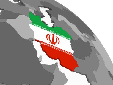 Iran katıştırılmış bayrak ile gri siyasi dünya üzerinde. 3D çizim.