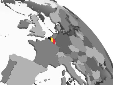 Belçika katıştırılmış bayrak ile gri siyasi dünya üzerinde. 3D çizim.
