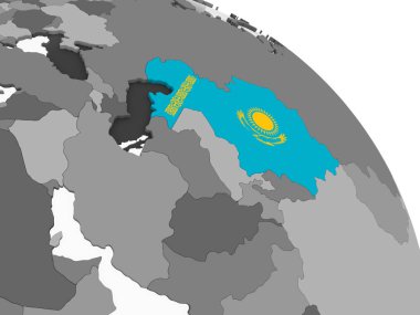 Kazakistan katıştırılmış bayrak ile gri siyasi dünya üzerinde. 3D çizim.