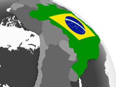 Brezilya katıştırılmış bayrak ile gri siyasi dünya üzerinde. 3D çizim.
