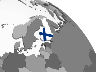 Finlandiya katıştırılmış bayrak ile gri siyasi dünya üzerinde. 3D çizim.