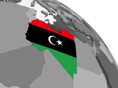 Libya katıştırılmış bayrak ile gri siyasi dünya üzerinde. 3D çizim.