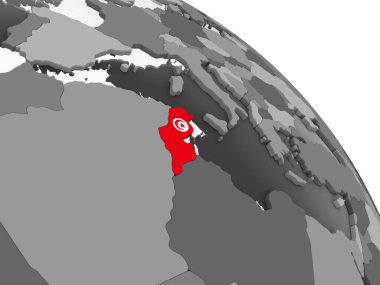 Tunus katıştırılmış bayrak ile gri siyasi dünya üzerinde. 3D çizim.