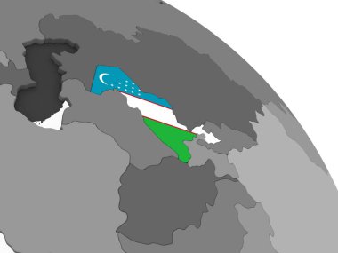 Özbekistan katıştırılmış bayrak ile gri siyasi dünya üzerinde. 3D çizim.
