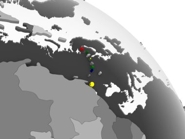 Karayipler katıştırılmış bayrak ile gri siyasi dünya üzerinde. 3D çizim.