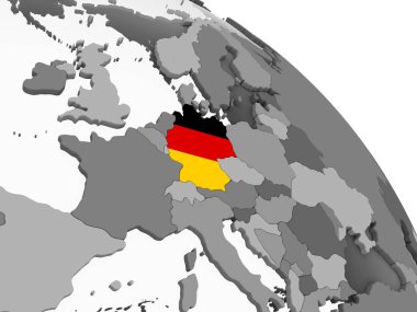 Almanya katıştırılmış bayrak ile gri siyasi dünya üzerinde. 3D çizim.