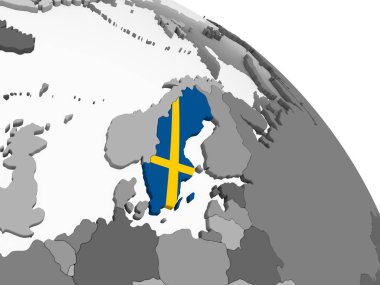 İsveç katıştırılmış bayrak ile gri siyasi dünya üzerinde. 3D çizim.