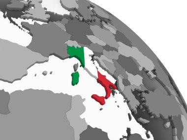 İtalya katıştırılmış bayrak ile gri siyasi dünya üzerinde. 3D çizim.