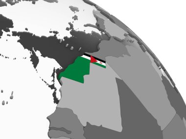 Batı Sahra katıştırılmış bayrak ile gri siyasi dünya üzerinde. 3D çizim.