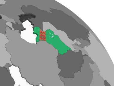 Türkmenistan katıştırılmış bayrak ile gri siyasi dünya üzerinde. 3D çizim.