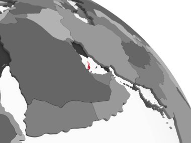 Katar katıştırılmış bayrak ile gri siyasi dünya üzerinde. 3D çizim.