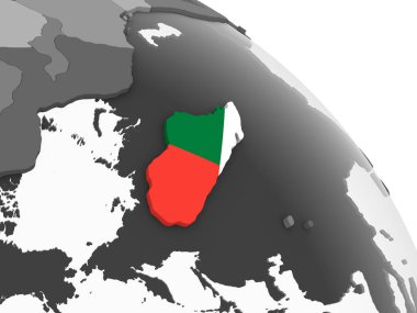 Madagaskar katıştırılmış bayrak ile gri siyasi dünya üzerinde. 3D çizim.