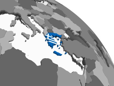 Yunanistan katıştırılmış bayrak ile gri siyasi dünya üzerinde. 3D çizim.