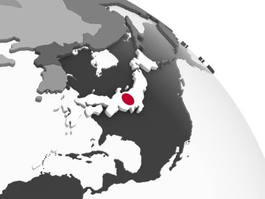 Japonya ile gri siyasi dünya üzerinde bayrak gömülü. 3D çizim.