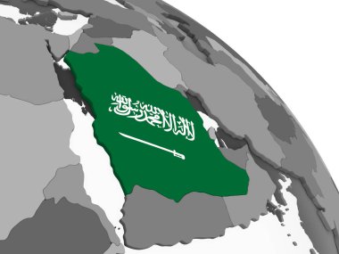 Suudi Arabistan katıştırılmış bayrak ile gri siyasi dünya üzerinde. 3D çizim.