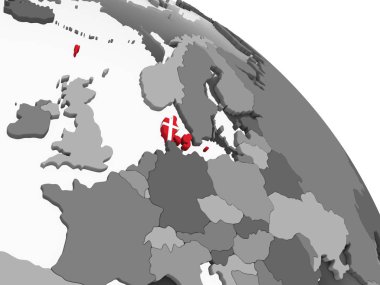 Danimarka katıştırılmış bayrak ile gri siyasi dünya üzerinde. 3D çizim.