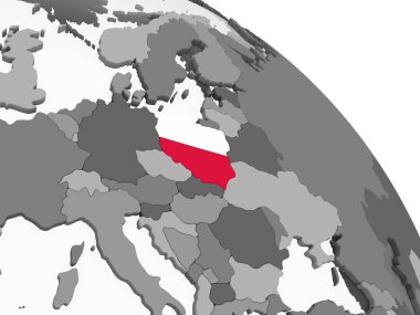 Polonya katıştırılmış bayrak ile gri siyasi dünya üzerinde. 3D çizim.