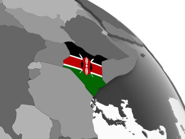 Kenya katıştırılmış bayrak ile gri siyasi dünya üzerinde. 3D çizim.