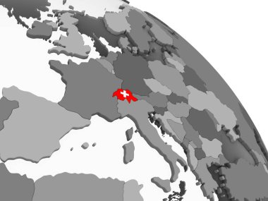 İsviçre katıştırılmış bayrak ile gri siyasi dünya üzerinde. 3D çizim.