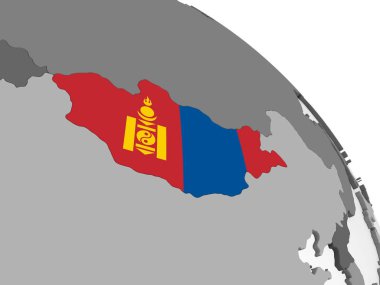 Moğolistan katıştırılmış bayrak ile gri siyasi dünya üzerinde. 3D çizim.