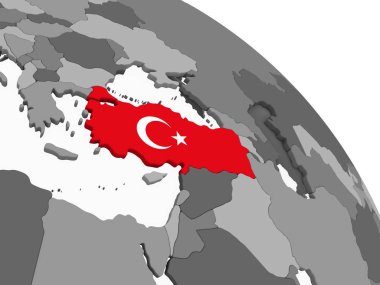 Türkiye katıştırılmış bayrak ile gri siyasi dünya üzerinde. 3D çizim.