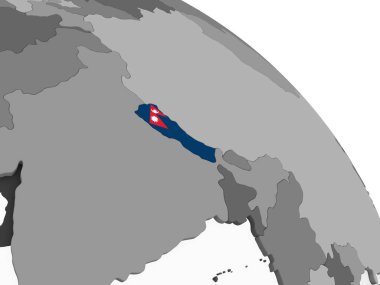Nepal katıştırılmış bayrak ile gri siyasi dünya üzerinde. 3D çizim.