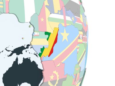 Kongo katıştırılmış bayrak ile parlak siyasi dünya üzerinde. 3D çizim.
