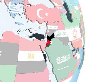 Jordan katıştırılmış bayrak ile parlak siyasi dünya üzerinde. 3D çizim.