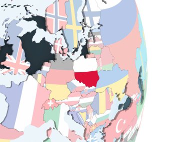 Polonya katıştırılmış bayrak ile parlak siyasi dünya üzerinde. 3D çizim.