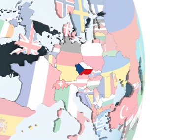 Çek Cumhuriyeti katıştırılmış bayrak ile parlak siyasi dünya üzerinde. 3D çizim.