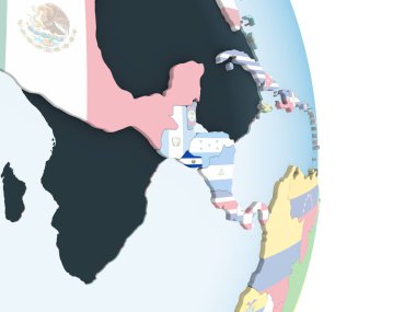 El Salvador katıştırılmış bayrak ile parlak siyasi dünya üzerinde. 3D çizim.