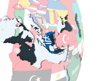 Yunanistan katıştırılmış bayrak ile parlak siyasi dünya üzerinde. 3D çizim.