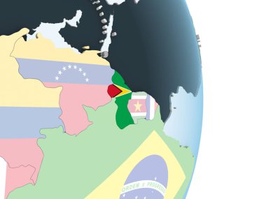 Guyana katıştırılmış bayrak ile parlak siyasi dünya üzerinde. 3D çizim.