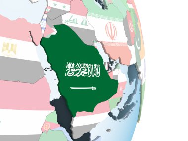 Suudi Arabistan katıştırılmış bayrak ile parlak siyasi dünya üzerinde. 3D çizim.