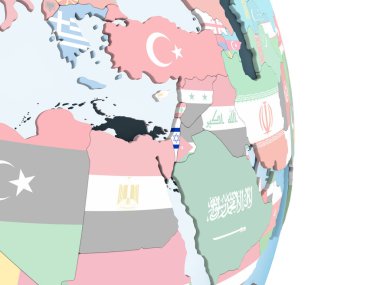 İsrail katıştırılmış bayrak ile parlak siyasi dünya üzerinde. 3D çizim.