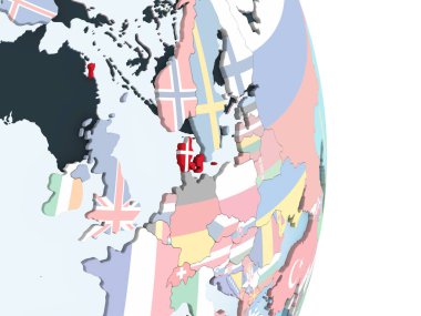 Danimarka katıştırılmış bayrak ile parlak siyasi dünya üzerinde. 3D çizim.