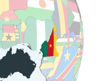 Kamerun katıştırılmış bayrak ile parlak siyasi dünya üzerinde. 3D çizim.