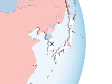 Güney Kore katıştırılmış bayrak ile parlak siyasi dünya üzerinde. 3D çizim.