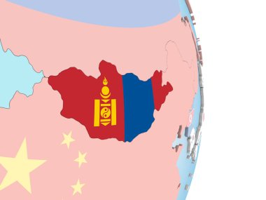 Moğolistan katıştırılmış bayrak ile parlak siyasi dünya üzerinde. 3D çizim.