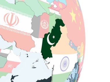 Pakistan katıştırılmış bayrak ile parlak siyasi dünya üzerinde. 3D çizim.