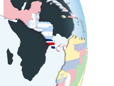 Kosta Rika katıştırılmış bayrak ile parlak siyasi dünya üzerinde. 3D çizim.