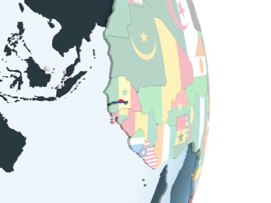 Gambiya katıştırılmış bayrak ile parlak siyasi dünya üzerinde. 3D çizim.
