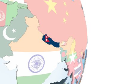 Nepal katıştırılmış bayrak ile parlak siyasi dünya üzerinde. 3D çizim.