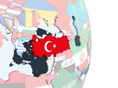 Türkiye katıştırılmış bayrak ile parlak siyasi dünya üzerinde. 3D çizim.