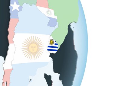 Uruguay katıştırılmış bayrak ile parlak siyasi dünya üzerinde. 3D çizim.