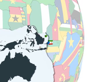 Ekvator Ginesi katıştırılmış bayrak ile parlak siyasi dünya üzerinde. 3D çizim.